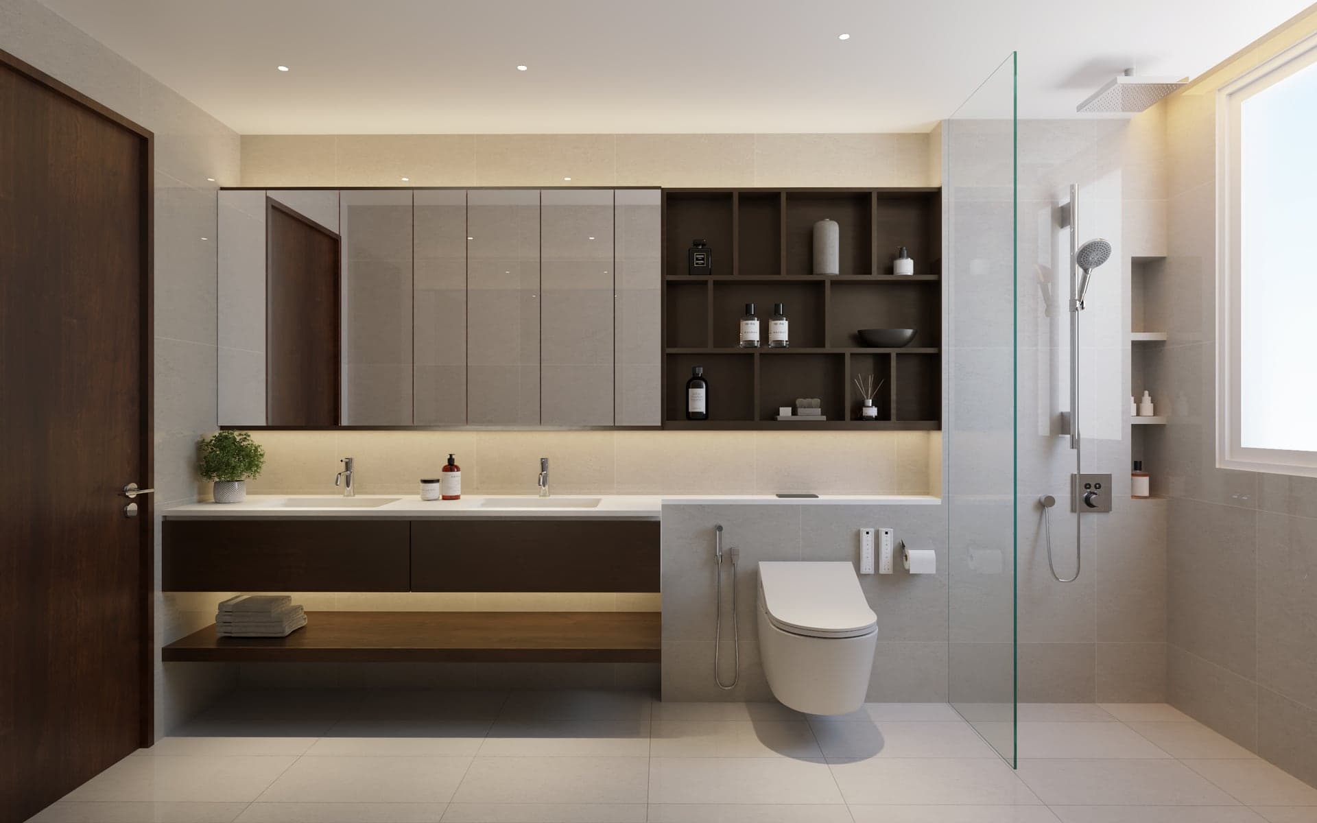 Completed bathroom vanity, shower and wet area