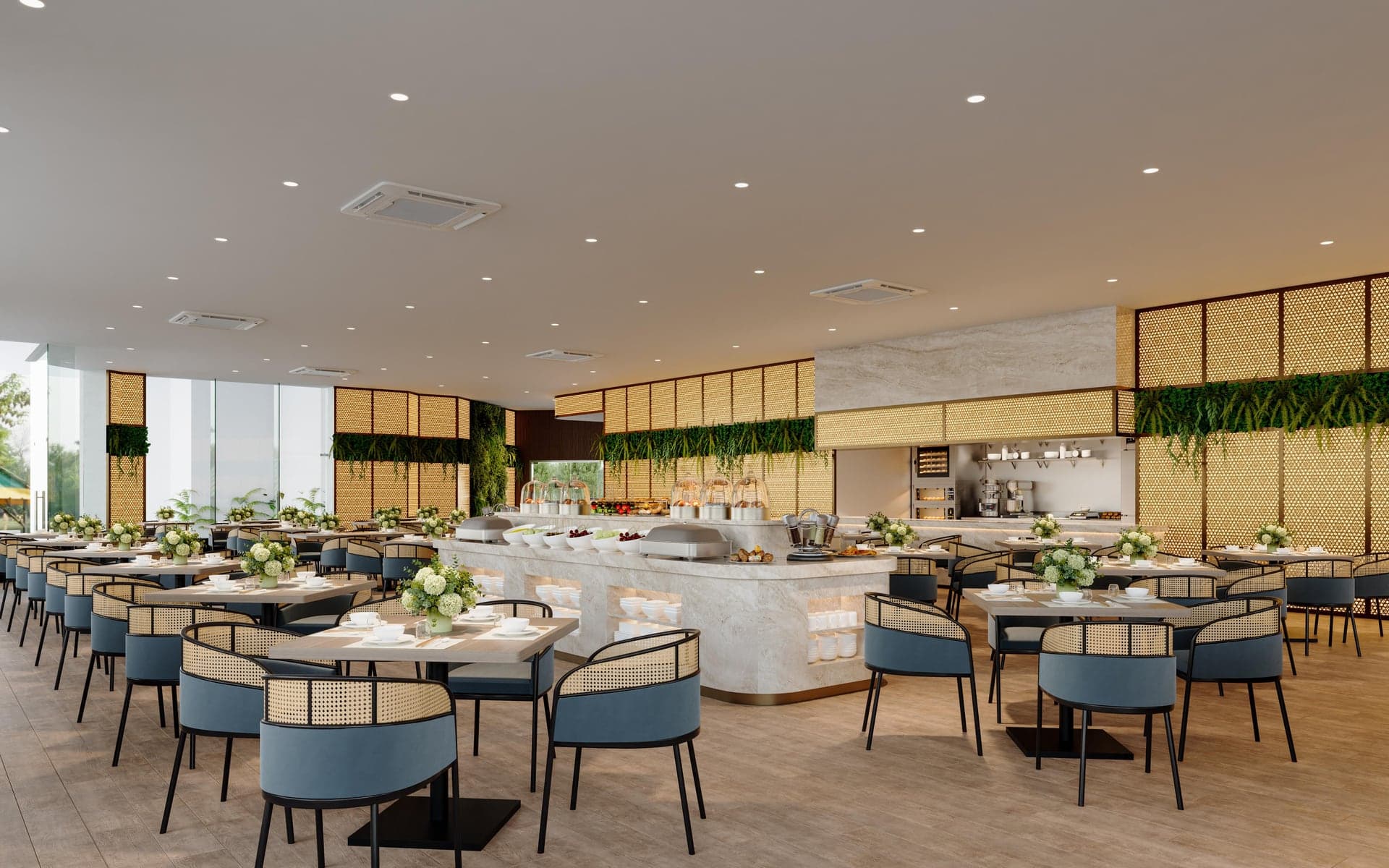 Commercial dining fit-out with tables, counters and ceiling services