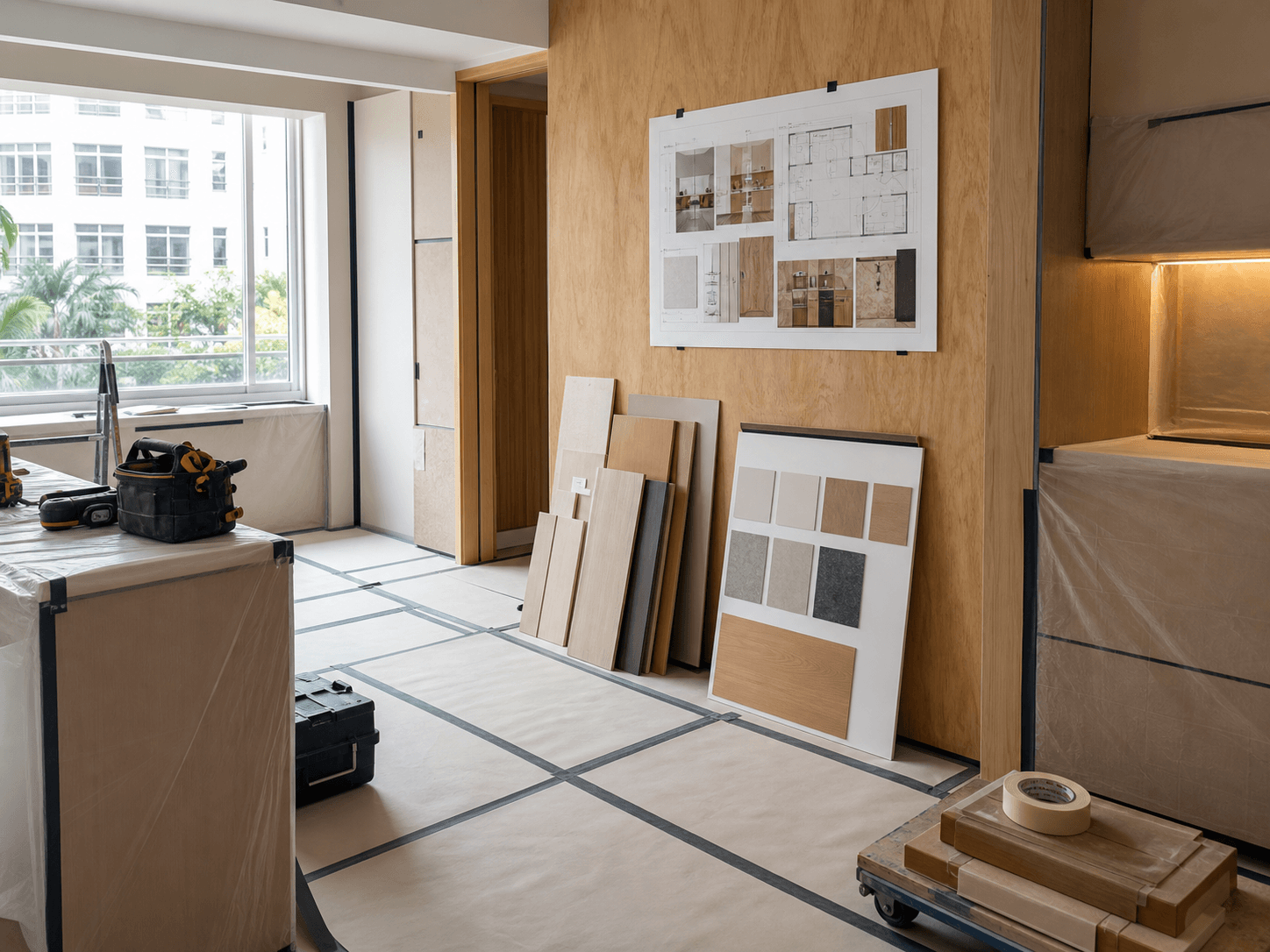 Renovation site context with protection materials and planning references